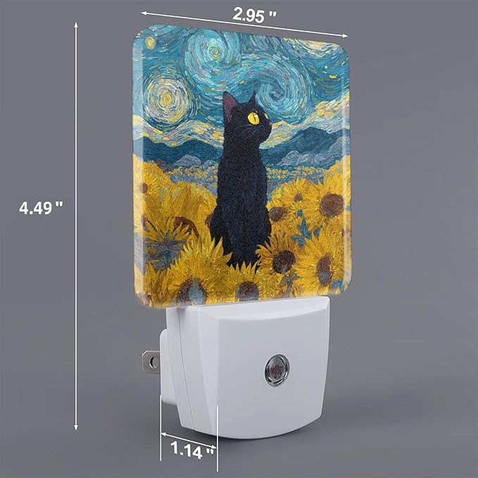 Black Cat Night Light Set of 2, Retro Sunflowers Auto Sensor LED Dusk-to-Dawn Nightlights, Plug-in Sensor Lamp for Bedroom Bathroom Kitchen Hallway Stairs Decorative