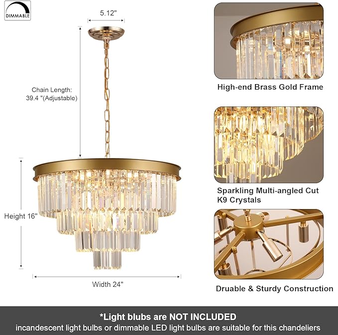 Modern Crystal Chandeliers Gold 24” Round Chandelier for Dining Room 12 Light Ceiling Pendant Light Fixture Raindrop Luxury Gold Flush Mount Chandelier for Entryway Living Room
