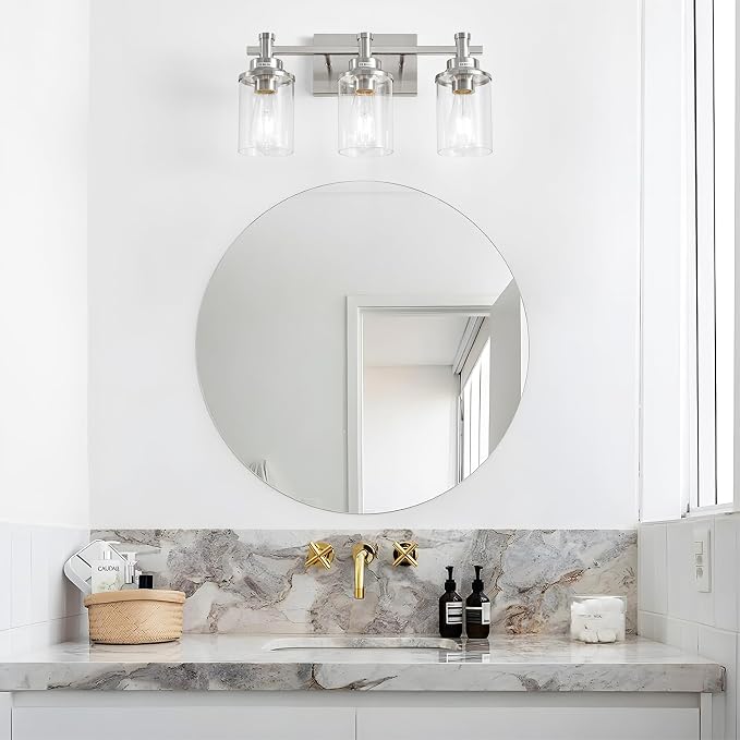 Brushed Nickel 3-Light Vanity Lights with Clear Glass Shade, Modern Bathroom Vanity Light Over Mirror, Kitchen Bedroom Hallway Cabinet Wall Lamp