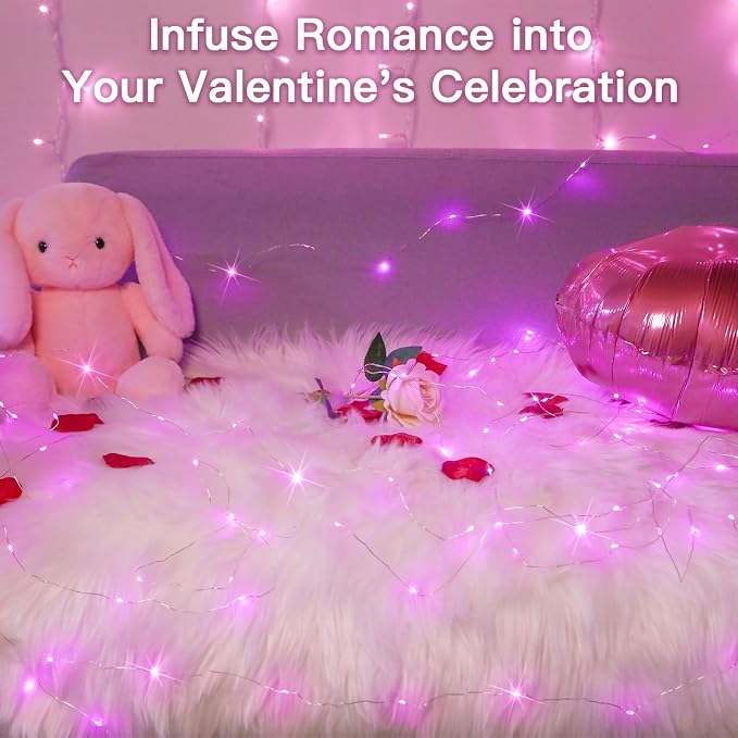 Pink Valentine Day Fairy Lights Battery Operated, 66ft 200 LED String Lights with Remote & Timer, Waterproof Twinkle Lights for Bedroom, Romantic Wedding, Party, Indoor & Outdoor Decor