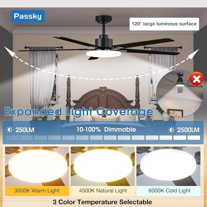 Passky 60 Inch Black Sleek Ceiling Fans with Lights, Remote Control | 3-color dimmable light, quiet reversible DC motor, easy install, memory, Timer, APP, bedroom, covered outdoor areas