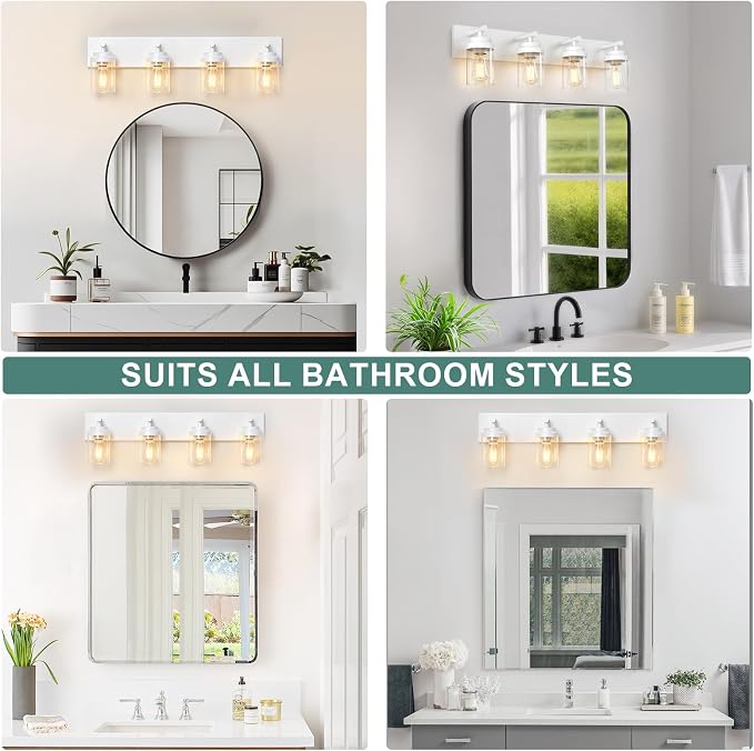 IZORRO Bathroom Vanity Light Fixture, 4-Light 30 Inch White Bathroom Light Fixtures Over Mirror, with Clear Glass Shade, Modern Farmhouse Vanity Lights, Rustic Restroom Lighting Fixtures