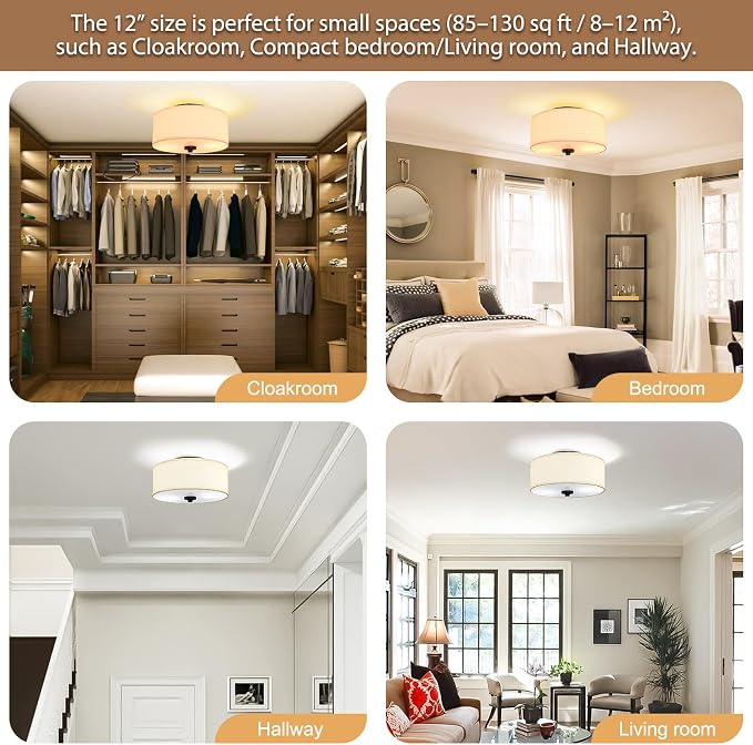12" Flush Mount Ceiling Light,2-Light,Linen Drum for Small Rooms | Farmhouse Ceiling Light,Beige Fabric Drum Shade,E26 sockets(MAX.60W),hallway,small bedroom,walk-in closet,Bulbs NOT Included