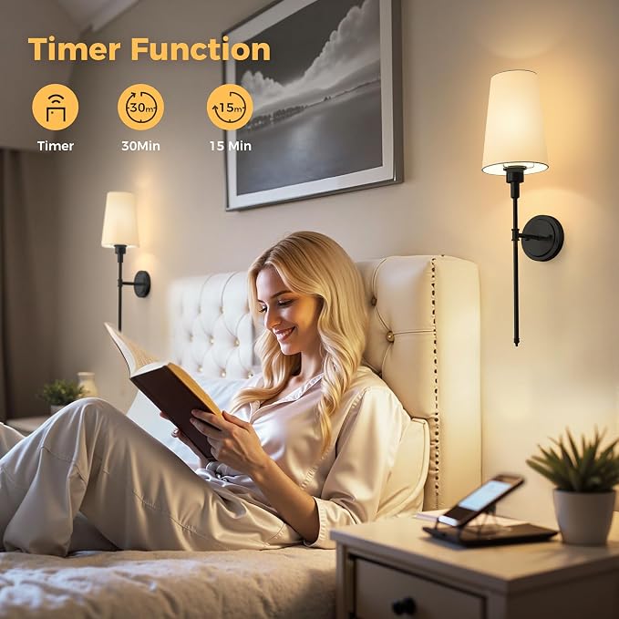 Battery Operated Wall Sconce: Set of 2 Wireless Wall Light 12000mAh | 15 Color Rechargeable Wall Sconces, Sconce Wall Decor Set of 2 for Bedroom, Living Room, Black, 27in