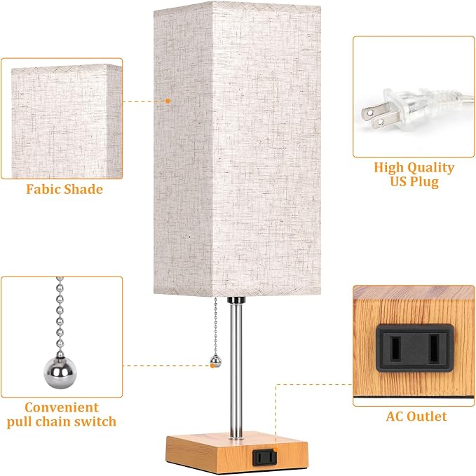 18'' Table Lamp for Bedroom set of 2,3-Color Bedside Lamps with Pull Chain | Table Lamps for Nightstand with AC Outlets,Night Light Lamps with 2 Bulbs Lamps for Living Room Kids Room Office Decor（Wood）