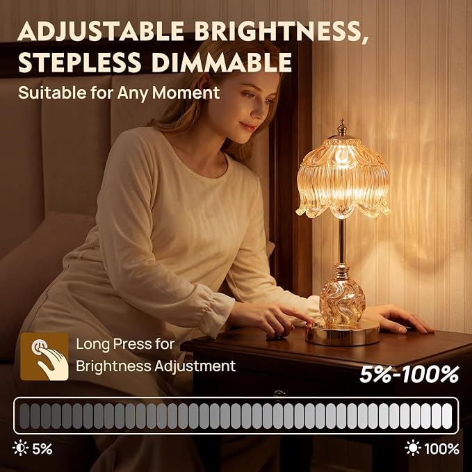 Flower Battery Operated Rechargeable Lamp Cordless, Lily, Amber | Small, Vintage, Gold, Wireless, LED, Dimmable, Table, Home Decor, Bedroom, Bedside, Nightstand, Birthday Gifts for Women
