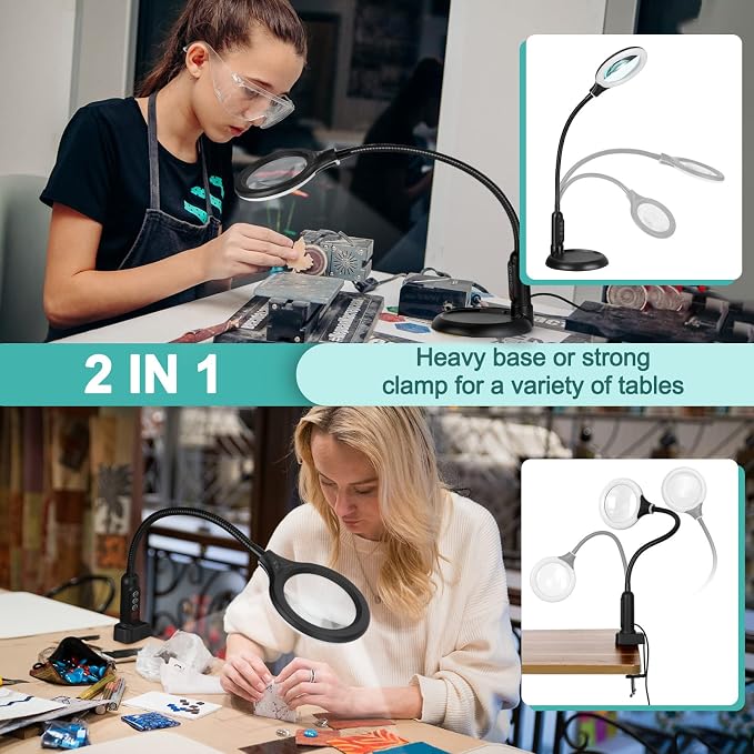 12X Magnifying Glass with Light and Clamp, 5 Color Modes Stepless Dimmable Lighted Magnifier with Stand, Flexible Gooseneck LED Desk Lamp Hands Free for Craft Reading Painting Hobby Close Work