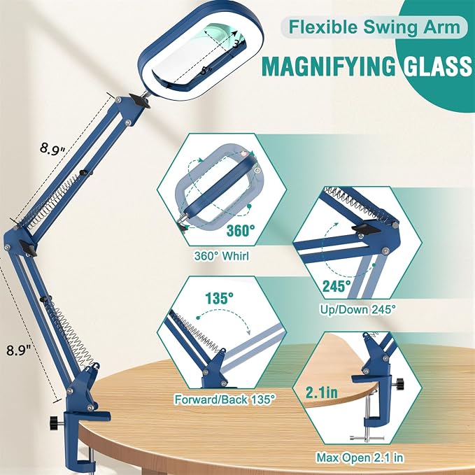 IVMAIE 12X Rectangle Magnifying Glass with Light, 5 Color Modes Stepless Dimmable Magnifier with Stand, LED Lighted Clamp Desk Lamp with Swing Arm, Hands Free for Reading Painting Close Work - Blue