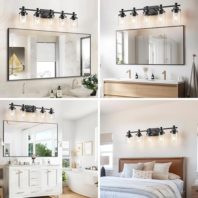 5-Light Black Bathroom Vanity Light, Modern Bathroom Light Fixtures Wall Sconces Over Mirror with Clear Glass Shade