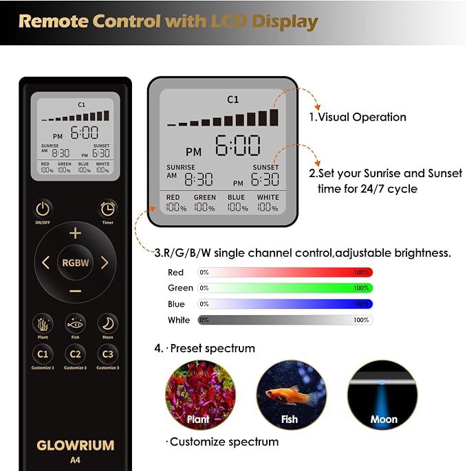 48-53in Freshwater Fish Tank Light, LED Aquarium Light with Moon | Auto Timer with Remote, IP67 Planted Tank Light, Full Spectrum Dimming RGBW+Moon, Fish/Plant/Moon Presets, Custom Mode