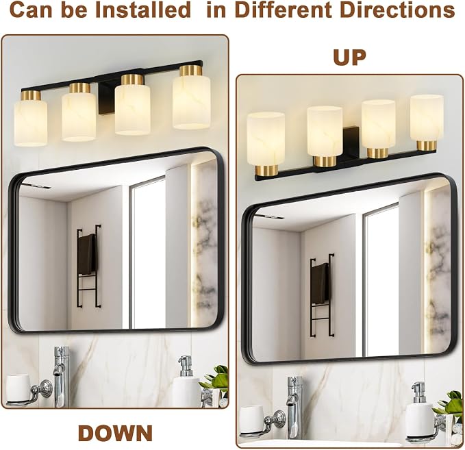 4-Light Bathroom Light Fixtures, Modern Vanity Lights, Black and Gold Metal Wall Lamp with White Marble Glass for Bathroom, Mirror, Living Room, Bedroom, Cabinet, Porch, Hallway, E26 Base