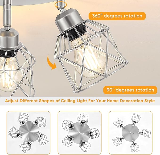 Baocuz 5-Light Kitchen Light Fixtures, Silver Adjustable Semi Flush Mount Ceiling Light with E26 Base, Multi-Directional Track Ceiling Lighting for Hallway, Dining Room, Entryway