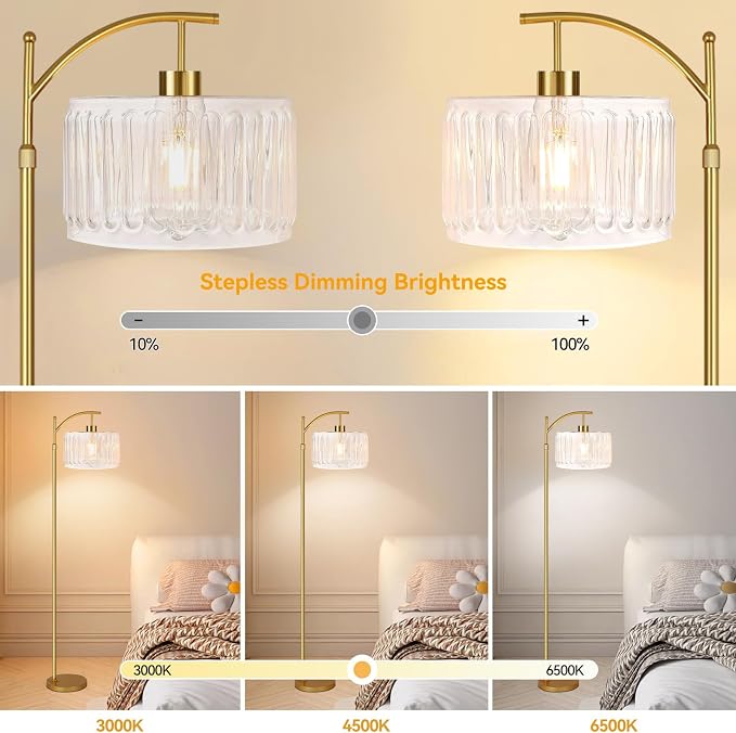 ILLMTW Glass Floor Lamp for Living Room,Bedroom,Gold Dimmable Standing Lamp with Remote,Brass White Tall Lamp Boho Mid Century Modern Floor Lamps Arc Floor Light Lamp Bohemian