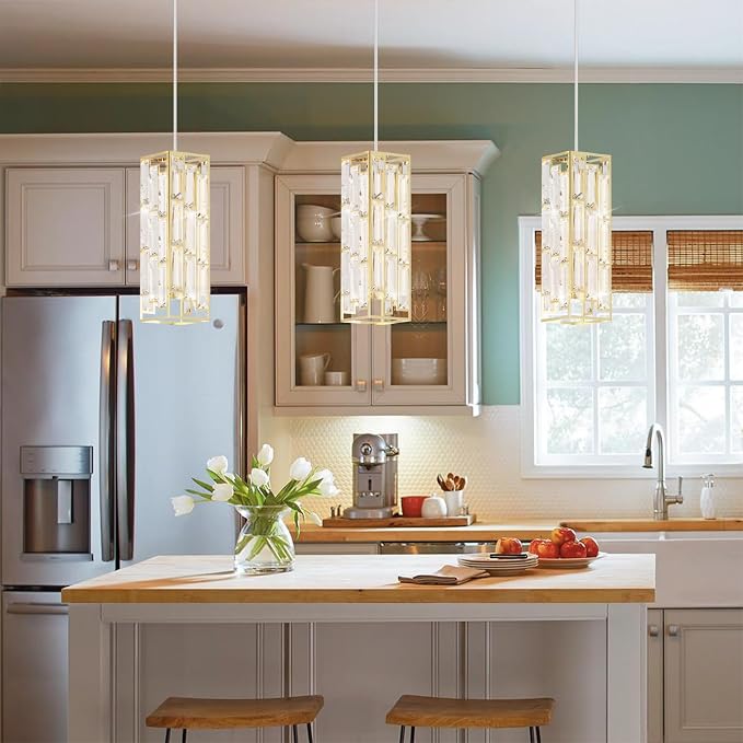 Modern 1-Light Crystal Pendant Light Kitchen Island, Brass, 2-Pack | Mini Crystal Chandeliers, Height Adjustable Cord, Ceiling Hanging Lighting for Kitchen Island Dining Room Bedroom