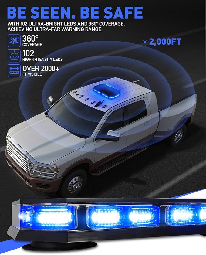 HLauto 406D Rooftop Emergency Strobe Lights Bar, 102 LED Blue Mini Beacon Safety Flashing Warning Traffic Lights Bar w/Magnetic Base for 12-24V Trucks, Construction Vehicles, Snowplow, Cars