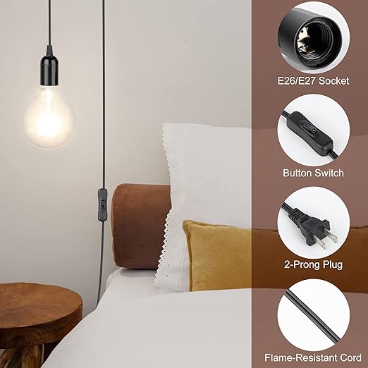 JACKYLED 1 Pack UL-Listed 20Ft Extension Hanging Lantern Cord Cable 360W with E26 E27 Socket On/Off Button Pendant Lighting Black