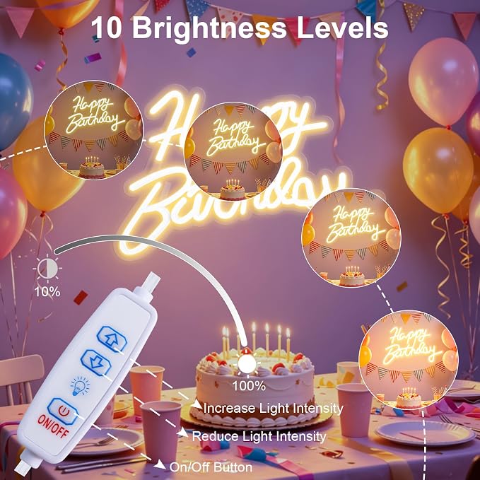FARNY Happy Birthday Neon Sign for Wall Decor, LED Happy Birthday Light Up Sign, Dimmable LED Birthday Neon Light for Birthday Party Decorations Backdrop,Warm White 16.5"x 12"