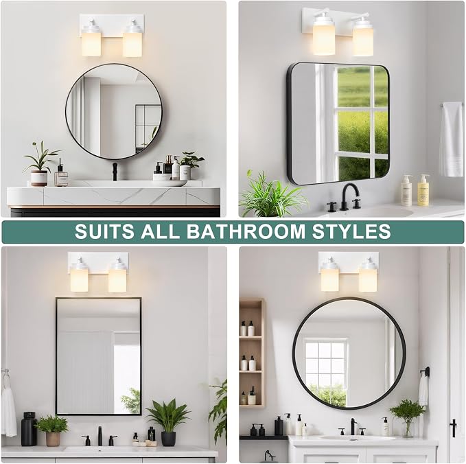 IZORRO Bathroom Vanity Light Fixture, 2-Light 15 Inch White Bathroom Light Fixtures Over Mirror, with White Glass Shade, Modern Farmhouse Vanity Lights, Rustic Restroom Lighting Fixtures