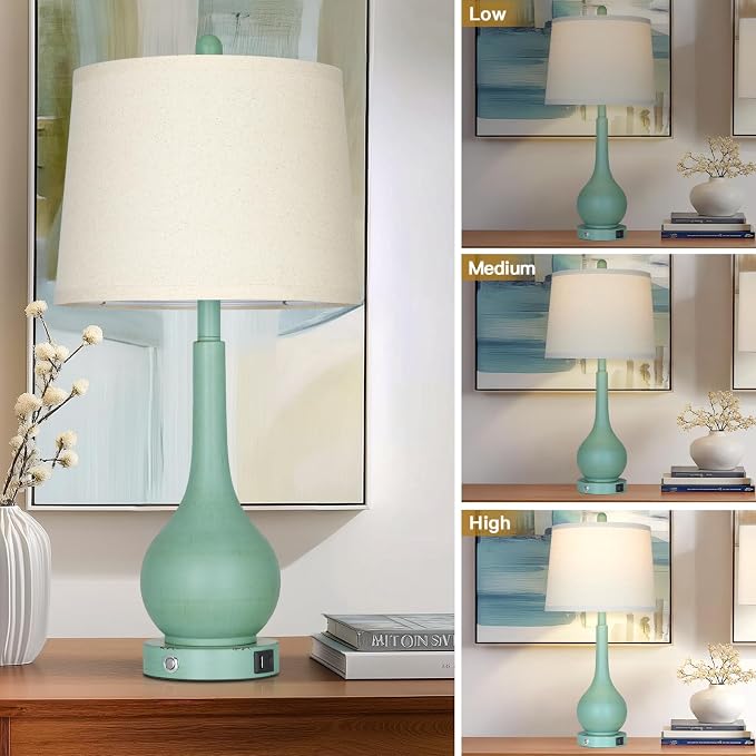 26" Farmhouse Table Lamps for Living Room Set of 2, 3-Way Dimmable Touch Control Bedside Lamp with USB A+C Ports, Retro Green Nightstand Lamps for Bedroom (2 LED Bulbs Included)