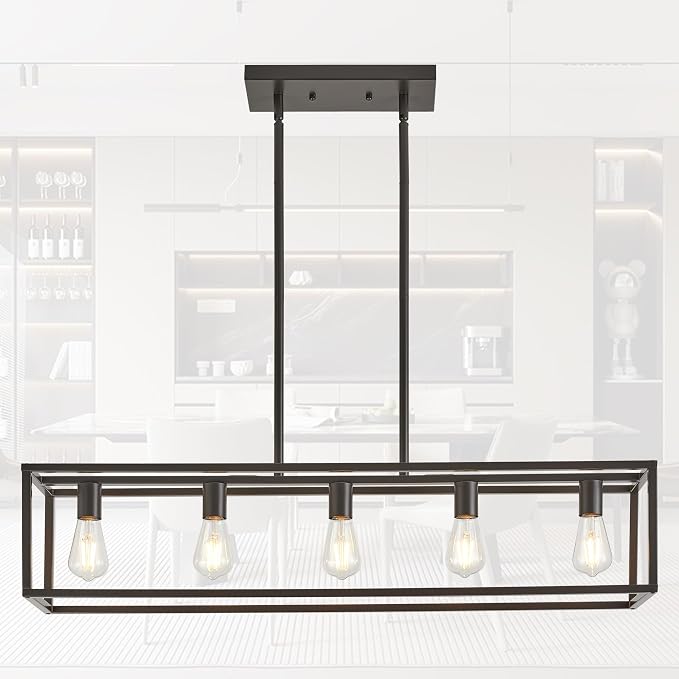 Kitchen Light Fixtures Farmhouse Rectangle Chandeliers Dining Room Light for Dining Rooms, Light Fixture Matte Oil Rubbed Bronze 5-Light Industrial Pendant Lighting