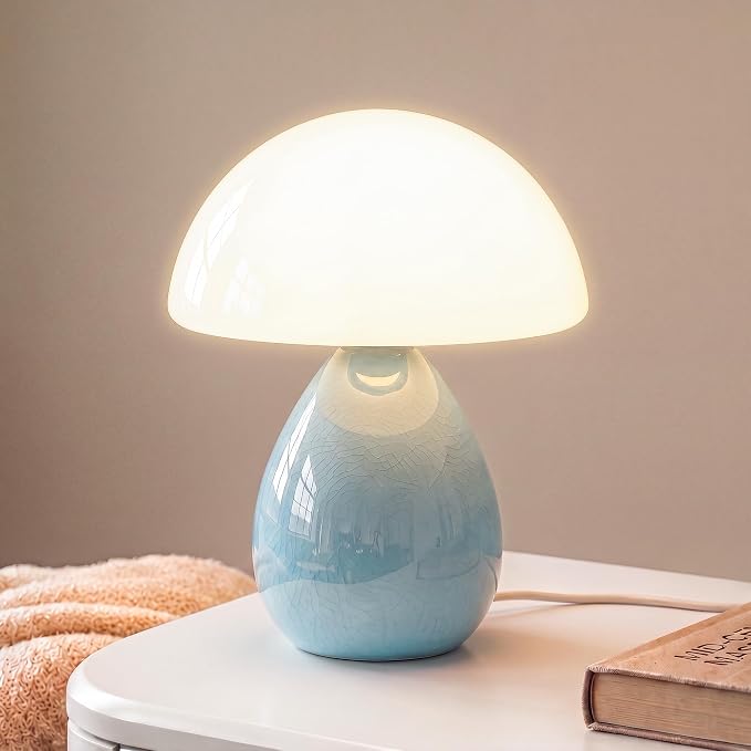 Mushroom Lamp Table Lamp for Bedroom,Ice Crackle Desk Lamp Bedside Small Lamps for Living Room Night Stands,Table Lamps Cute Modern Mid Century Lamps (Blue-Ice Crackle)