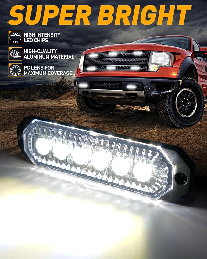 HLauto 406T Emergency Strobe Grille Lights: 4Pcs 6 LED Sync Feature Safety Warning Flashing Light, 12V-24V Ultra Slim Surface Mount Hazard Caution Light for Truck, Vehicle, Car, ATV, UTV (White)