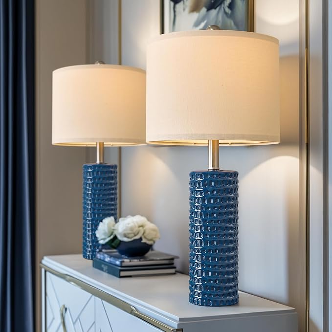 PORTRES 24.75" Modern Accent Ceramic Table Lamp Set of 2 for Bedroom Desk Decor Bedside Lamps for Living Room Study Room Office Dorm Farmhouse Nightstand Lamp End Table Lamps (Blue)
