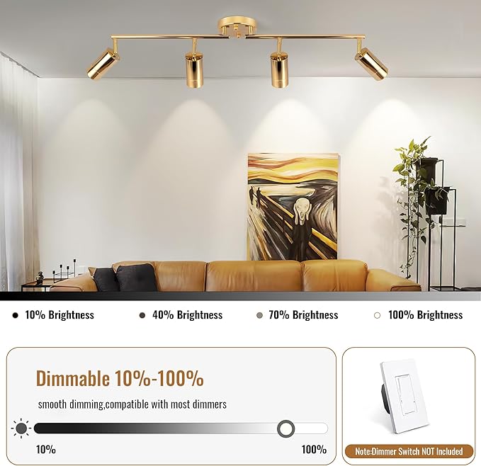 5Color LED Track Lighting Kit 4 Lights Dimmable 48W Track Light,Zoomable15°/24°/36°/45°/60°-2700K/3000K/3500K4000K/5000K,Track Lighting for Accent Task Kitchen,Lumen 4800 (Gold, 48 Watts)