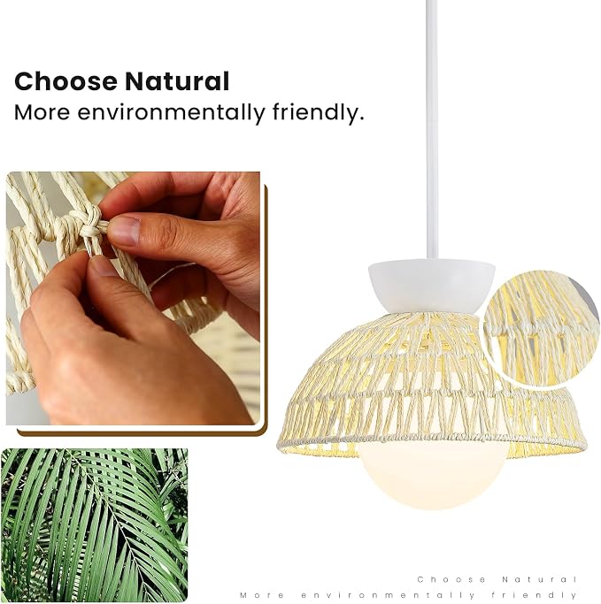 AIJIASI Rattan Pendant Light, 11.8" Hand Woven Boho Pendant Light Fixture with Milk Glass Globe, Gold Kitchen Pendant Lighting Over Island Adjustable Chandelier for Dining Room Hallway Foyer