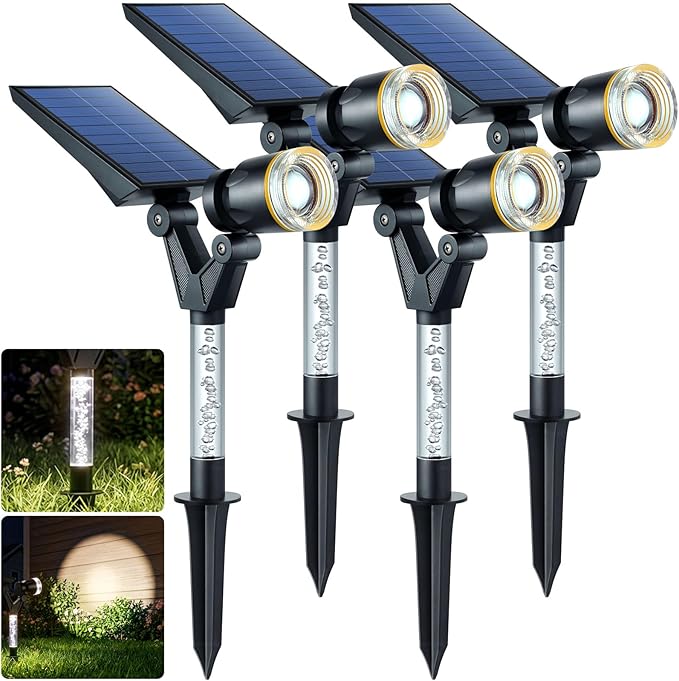 DenicMic Solar Spot Lights Outdoor Waterproof 5000K Lens LED Spotlights | Adjustable Angel Long Range Solar Lights Outdoor for Yard Garden Patio Wall Tree Landscape, Acrylic Lighted Pole, 4 Pack