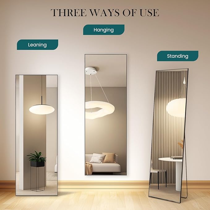 Full Length Floor Mirror, 15.75"x59" Body Wall Mirror with Stand | Shatter-Proof Nano Glass, Tall Standing, Hanging or Leaning, Aluminum Alloy Frame for Bedroom, Modern Home Decor, Black