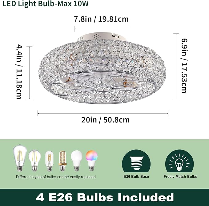 20" Crystal Ceiling Fan with Lights - Enclosed Bladeless Design, Reversible DC Motor & Remote, 6-Speed Quiet, Flush Mount Low Profile Electroplated Mirror Finish, for Bedroom/Living Room
