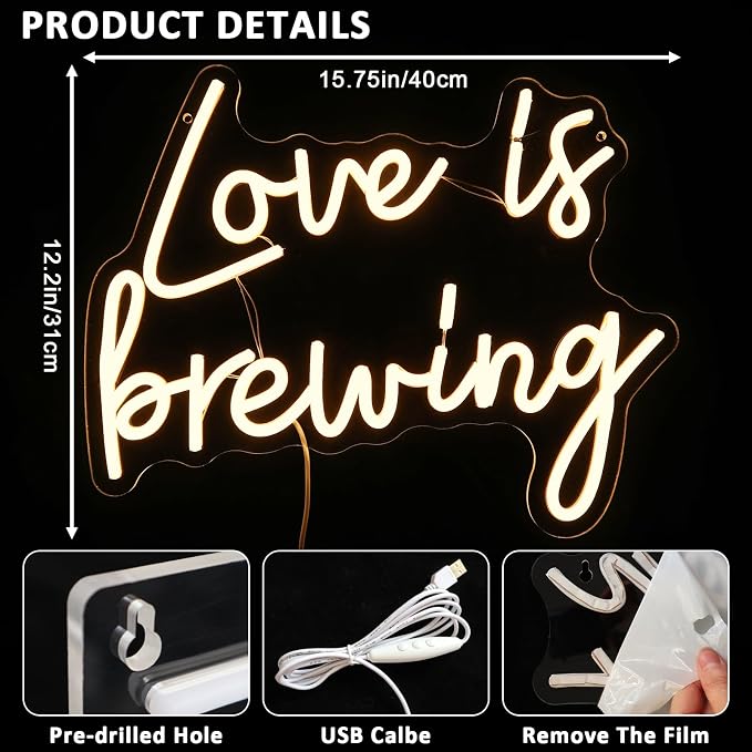 Love Is Brewing Neon Sign for Wall Decor, 15.75 x 12.2" Warm White Led Signs for Bridal Shower, USB Dimmable Neon Lights for Bedroom Home Coffee Themed Bar Wedding Engagement Party