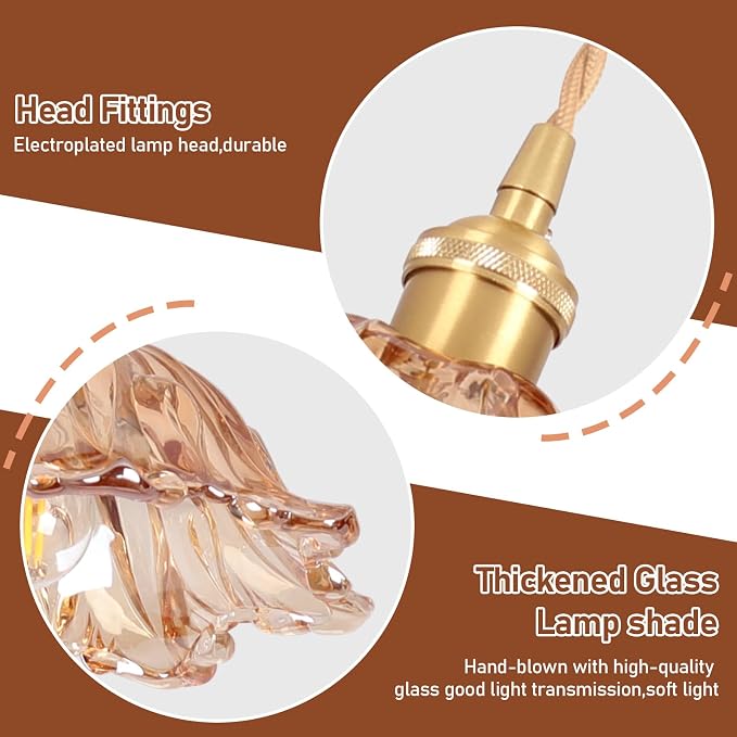 Plug in Pendant Light Fixtures,Hanging Light Fixture Amber Glass Pendant Light 10.6in E26 Pendant Lighting for Kitchen Island, Bedroom, Dining Room, Living Room