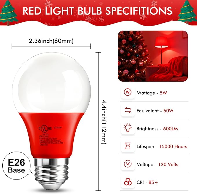 TJOY Red LED Light Bulb Outdoor Porch Halloween, A19 Colored 60 Watt Eq | Red Colored LED Lights, 5W E26 Base, Christmas Indoor Party Bedroom Decoration, Non-Dimmable, 4 Pack