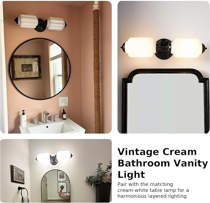 Vintage Milk Glass Bathroom Vanity Light - 2-Light Wall Sconce with Brass Finish Base & Green Glass Shade - Wall Sconce Lighting for Mirror, Kitchen, Living Room, Gallery (Bulbs Included) (white)