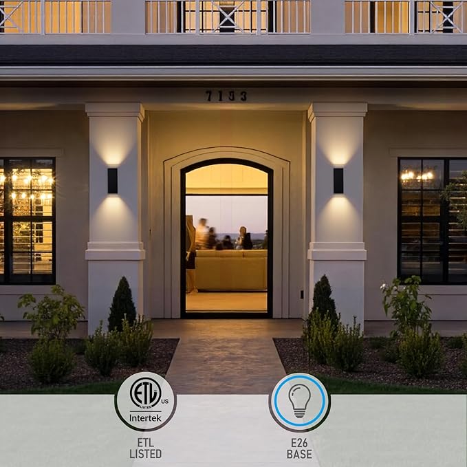 LEONLITE Modern Outdoor Rectangular Wall Lights 12", Porch Light in 2 Lights, Up Down Lights, Matte Black Waterproof Wall Sconce, Aluminum, E26 Base, Exterior Light Fixture Wall Mount, ETL, Pack of 2