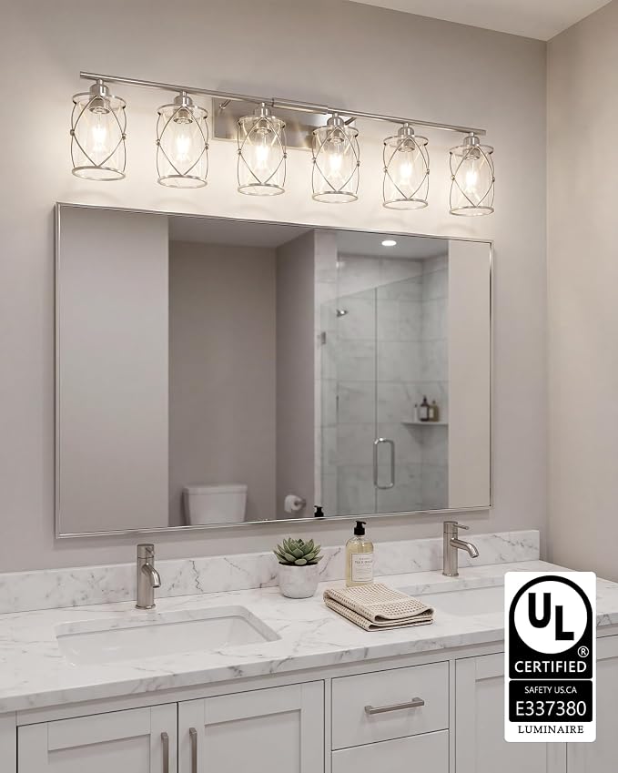 6-Light Brushed Nickel Bathroom Light Fixtures Over Mirror, 42" UL-Listed Modern Wall Sconce Lights with Clear Glass and Metal Cage for Bath, Hardwire E26, CH9176BN-6W
