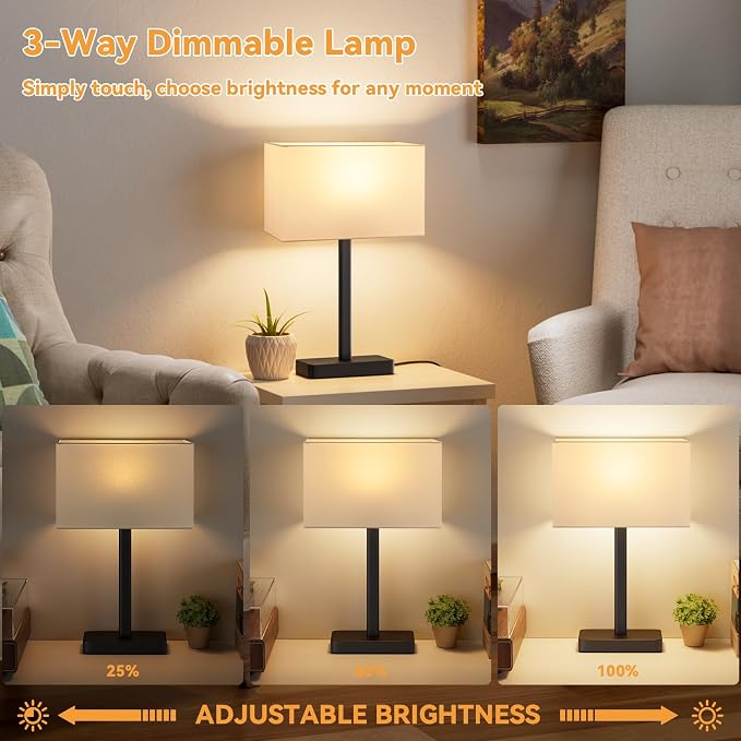 Hong-in Touch Lamps for Bedroom - 3-Way Dimmable Bedside Lamps Set of 2 with USB C+A, White Modern Table Lamp for Night Stands, Desk Lamp for Living Room Nightstand End Tables Bed Side