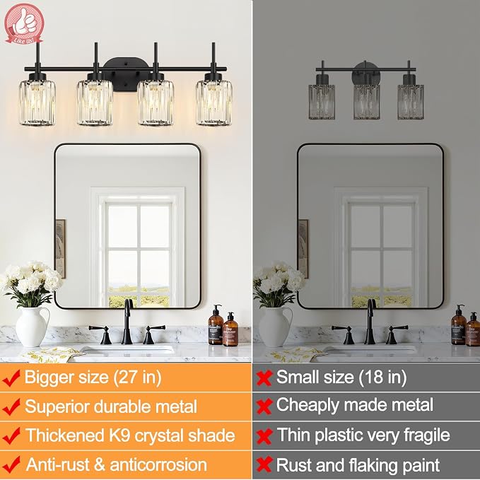 Matte Black 4-Light Crystal Bathroom Vanity Light, Modern Bathroom Light Fixture Over Mirror, Black Vanity Lighting for Bathroom, Bulbs Not Included