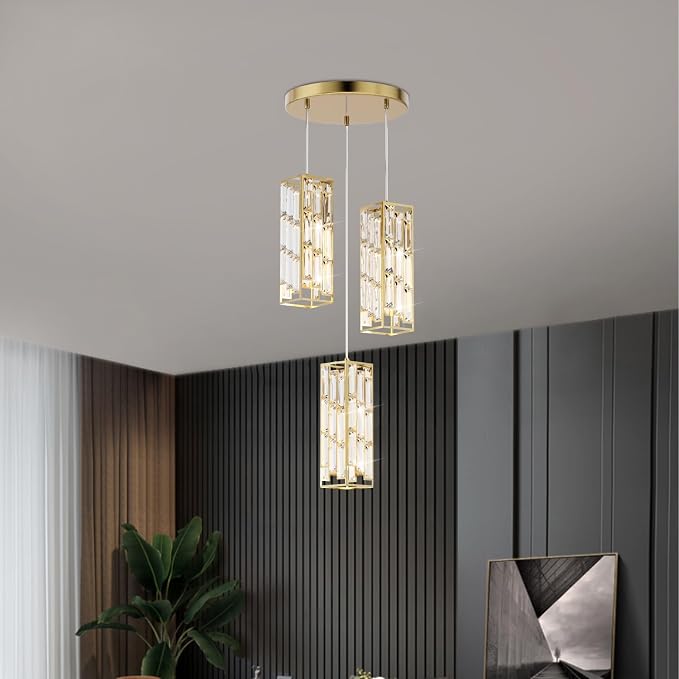 Modern 3-Light Crystal Pendant Light Fixture Kitchen Island, Brass | Mini Crystal Chandeliers, Height Adjustable Cord, Ceiling Hanging Lighting for Kitchen Island Dining Room Bedroom