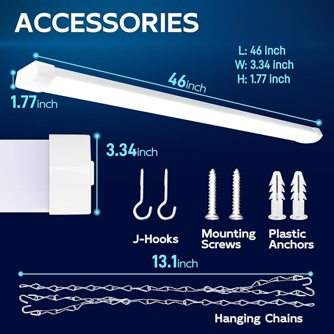 hykolity 4FT 120W LED Shop Light Linkable,13000LM(400w Equivalent) | 5000K Utility Shop Lights for Garages, Workshops, Basements, Hanging or FlushMount,with Power Cord and Pull Chain,ETL