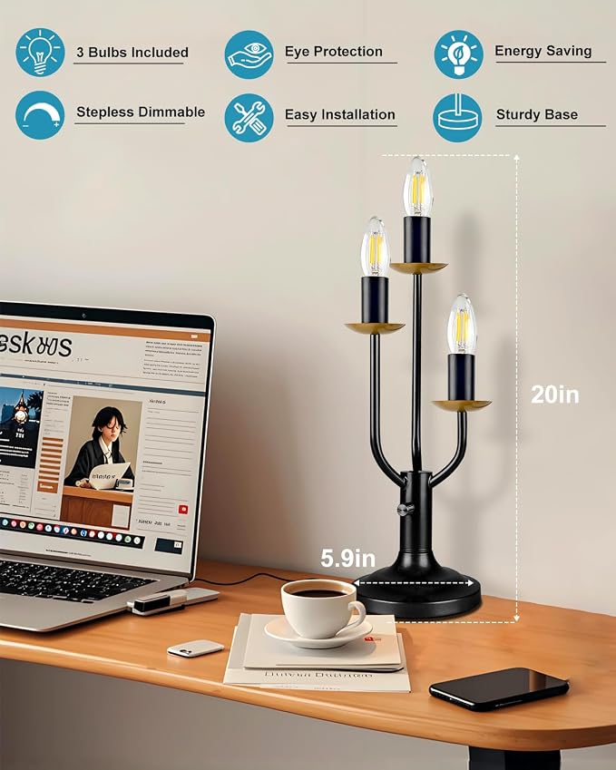 Vintage Candelabra Table Lamp Dimmable Black Lamp E12 Bulbs Included