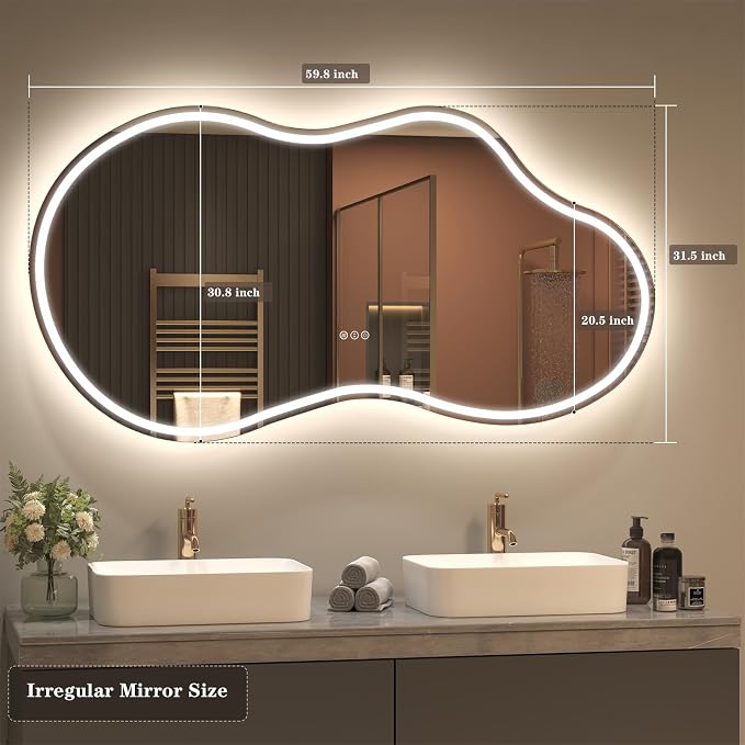 SMIROR 60x32 Irregular Led Lighted Bathroom Vanity Mirror | Asymmetrical, Cloud Shape, Front lighted + Backlit, Anti-Fog, 3 Colors, Dimmable, Memory, Tempered Glass, UL
