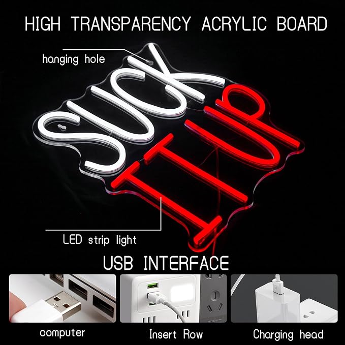 Suck It Up Neon Sign Dimmable LED Funny Game Room Bar Man Cave Decor | Bold Attitude Quote Design Creates a Fun Atmosphere for Pub Garage Basement Office Bedroom Party Entertainment Spaces
