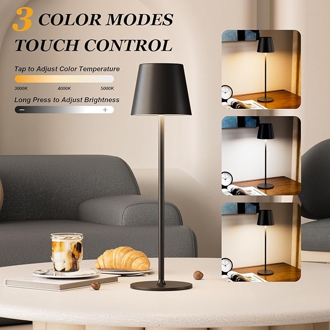 Cordless Table Lamp Rechargeable Black - KK 2 Pack 5000mAH Battery Operated Lamp for Counter, 3 Color Stepless Dimming Waterproof LED Wireless Lamp for Dining Kitchen, Outdoor Patio, Touch Control