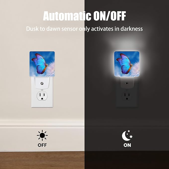 Blue Butterfly Night Light, Dandelion Night Lights Plug into Wall Decor for Bedroom, Bathroom, Hallway, Kitchen, Dusk to Dawn Sensor Nightlights for Girls Women Room Gifts
