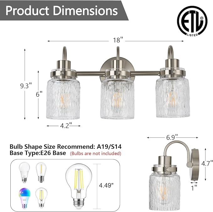 3 Lights Hammered Glass Bathroom Vanity Light,Brushed Nickel | Easy Installation,Up or Down,Farmhouse Modern Style,E26 Socket,ETL Certification