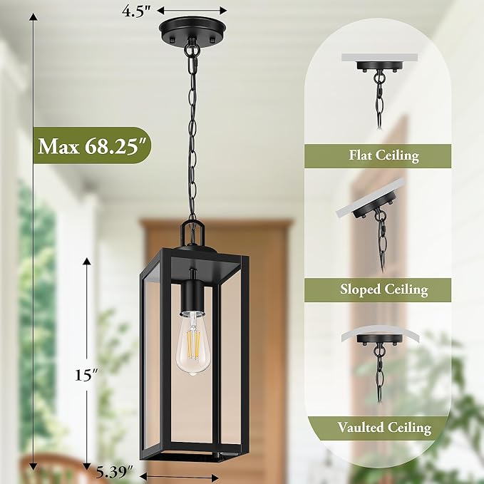 15” Large Outdoor Pendant Light, Modern Hanging Lantern, Black | Hanging Height Adjustable, Waterproof, Rust-Resistant, Durable Metal & Clear Glass, Standard E26 Sockets, Easy to Install
