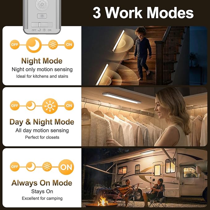 BLS 14.8inch Under Cabinet Lighting, 126 LED Motion Sensor Light Indoor, 2500mAh Rechargeable Wireless Closet Lights, 4 Sensor Modes, 3 Color Dimmable Magnetic Under Counter Lights for Kitchen, 2 Pack